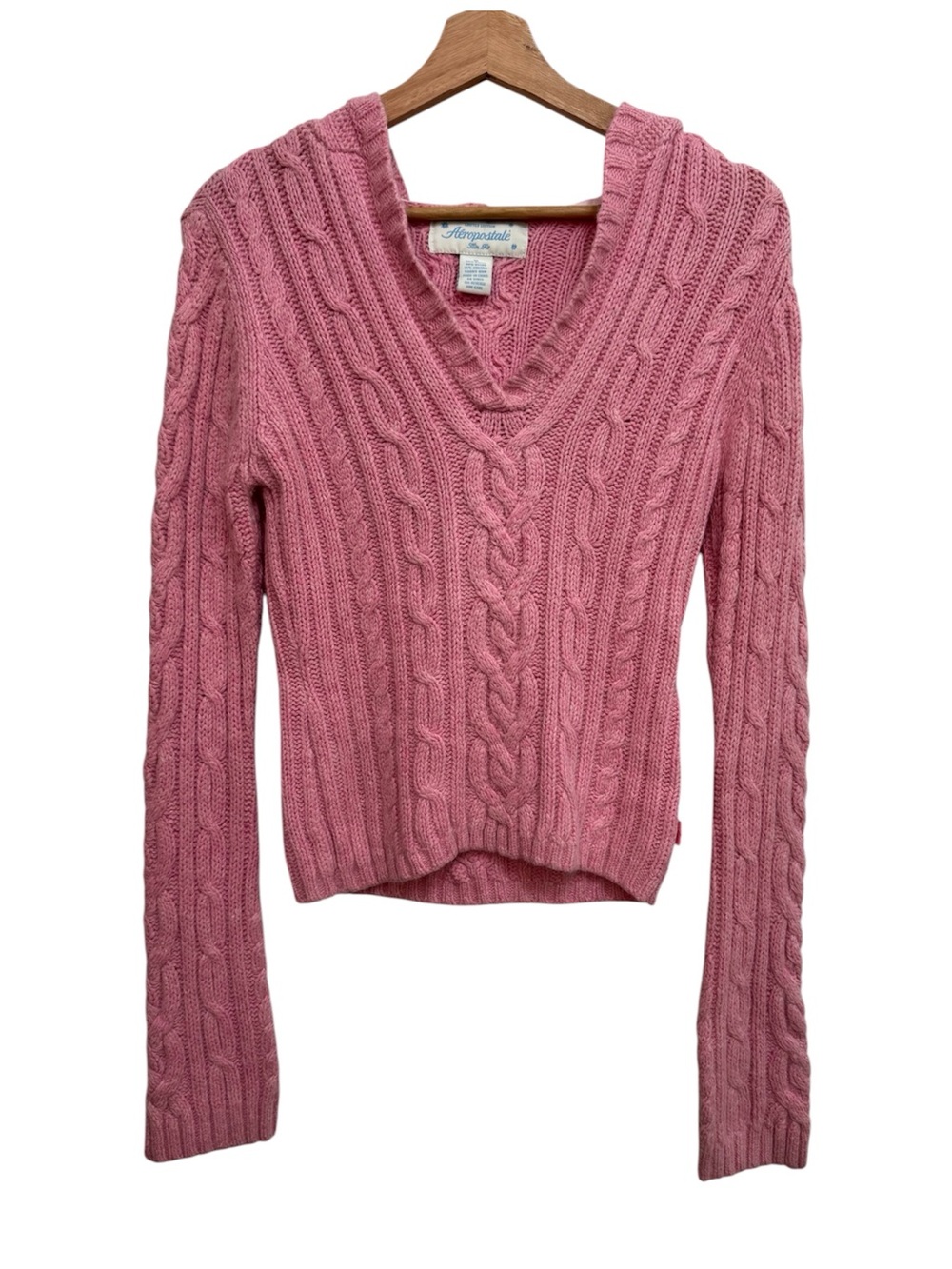 Vintage Y2K Aeropostale Cable Knit Hooded Sweater Pink Fitted Deep V Preppy M